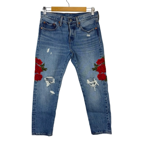Levi's 501T Floral Jeans Embroidered Distressed Cropped Tapered Crop Denim 26 - Picture 2 of 16